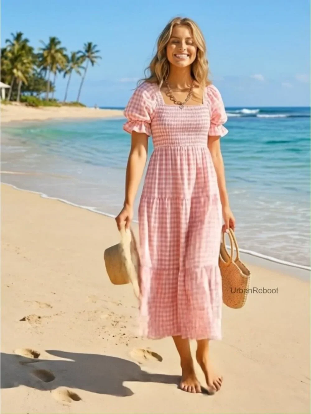 ZESICA Women's Summer Boho Gingham Puff Sleeve Square Neck Beach Midi Dress
